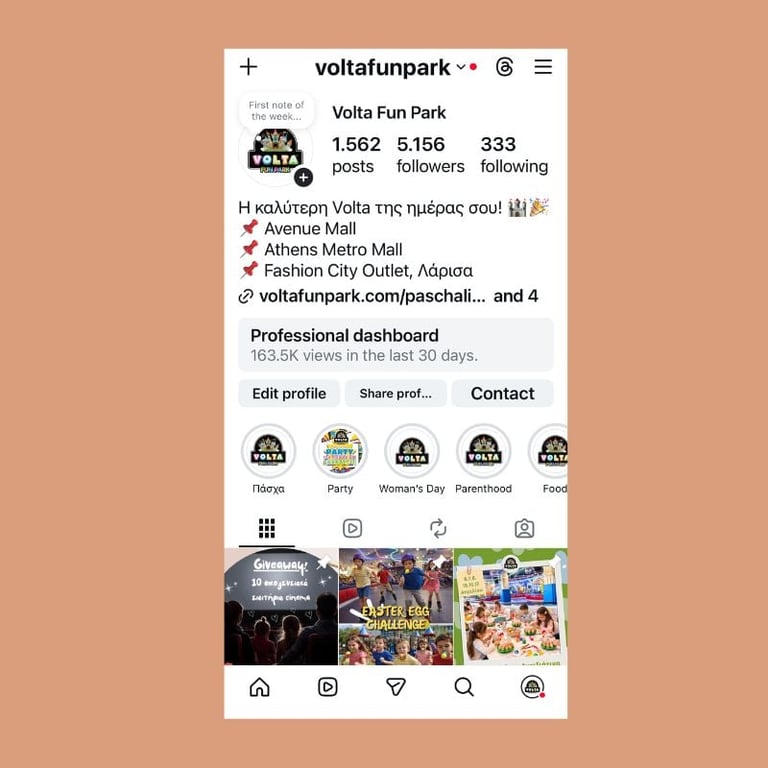 Instagram profile for Volta Fun Park showing 1,562 posts, 5,156 followers, and multiple location tags including Avenue Mall and Athens Metro Mall